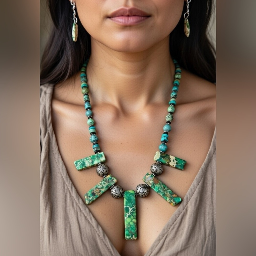 Handmade Green Turquoise and Green Imperial Jasper Necklace, 16”